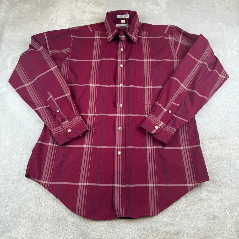 Christian Dior Mens Plaid Button Down Long‎ Sleeve Dress Shirt, M, Burgundy